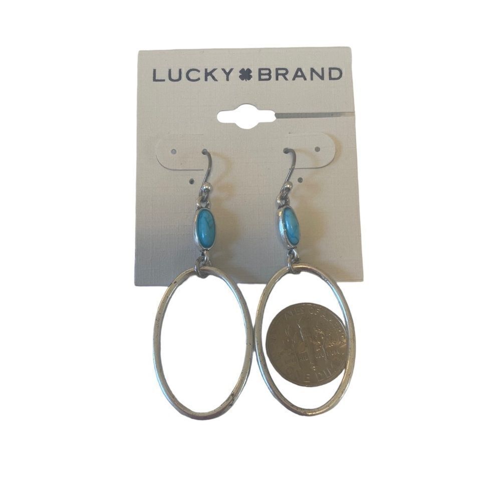 Turquoise Open Circle Silver Toned Drop Earring. - Picture 6 of 6